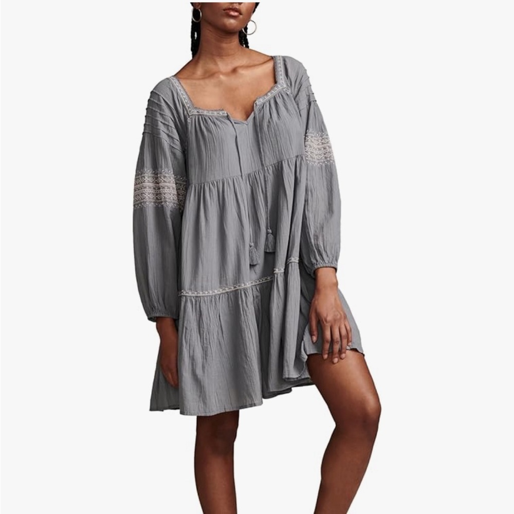 NWOT Lucky Brand Long-sleeves Tiered Mini Dress, L, Blue